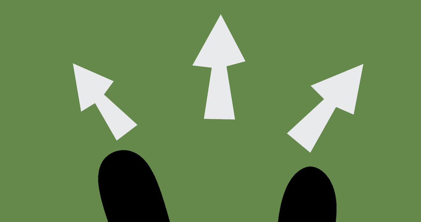Illustration, person som står framför tre olika pilar med olika riktningar
