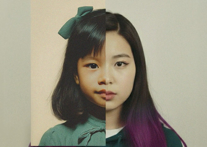 Bild på asiatisk kvinna både som barn och vuxen