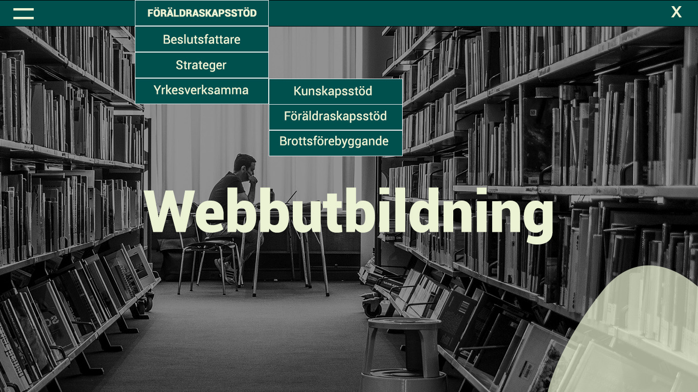 Bild med man och dator på ett bibliotek och ord som Föräldraskapsstöd, webbaserad, kunskapsstöd och brottsdförebyggande